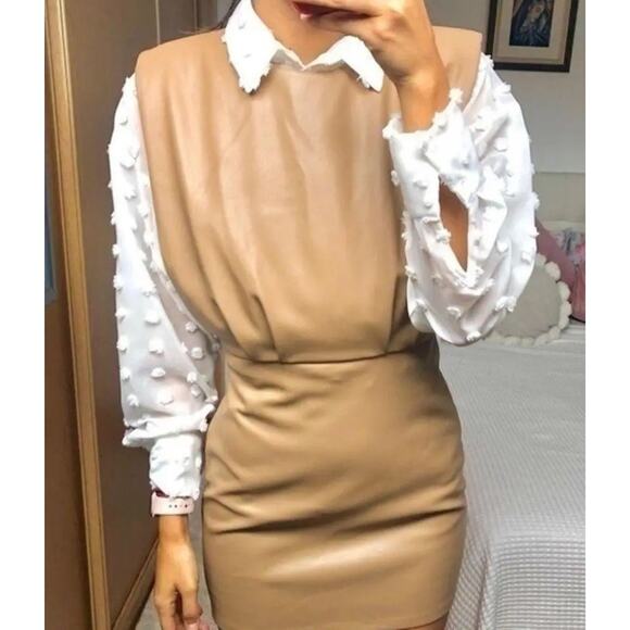 ZARA Faux Leather Shoulder Pads Sleeveles Tan Mini Dress Sz L Bloggers Favorite - Picture 11 of 16